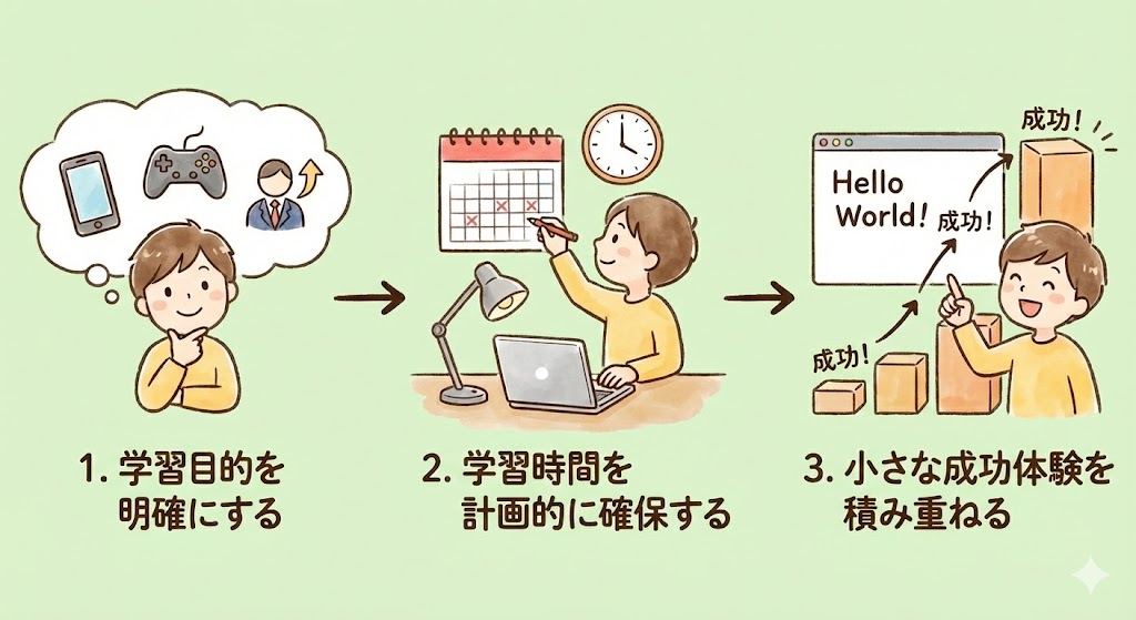 1.学習目的を明確にする
2.学習時間を計画的に確保する
3.小さな成功体験を積み重ねる