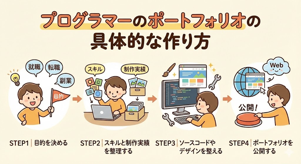 「プログラマーのポートフォリオの具体的な作り方」

・STEP1｜目的を決める
・STEP2｜スキルと制作実績を整理する
・STEP3｜ソースコードやデザインを整える
・STEP4｜ポートフォリオを公開する